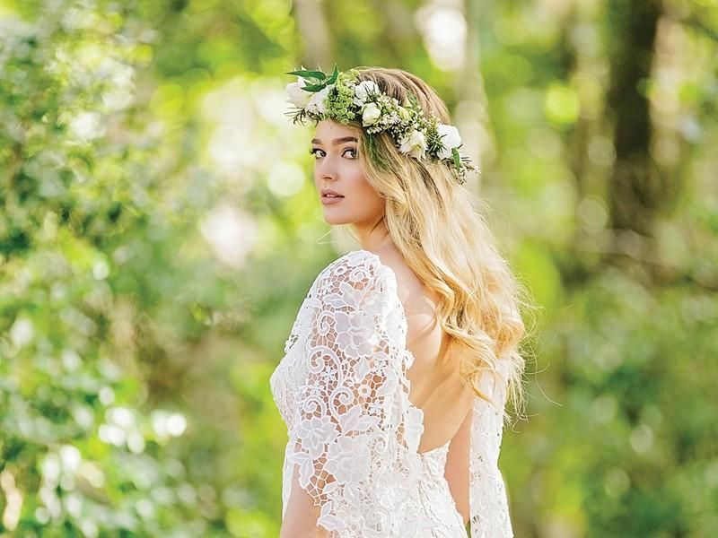 wedding hair style with floral crown - Coastal Style Mobile Hairdressing -  Sunshine Coast